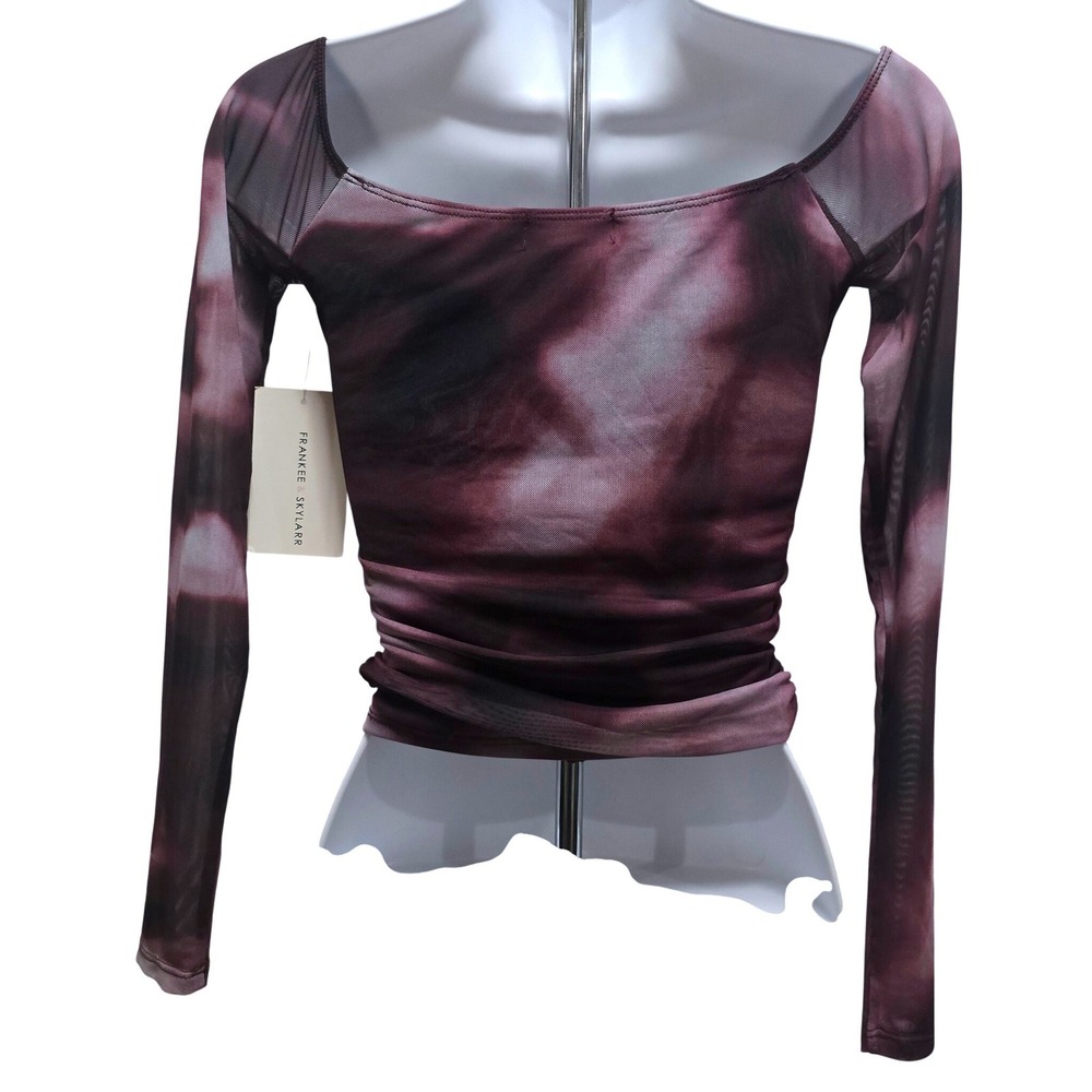 Womens Small Mesh Sheer Ruched Tie Dye Top Purple Black Whimsigoth Grunge Y2k - Picture 2 of 10